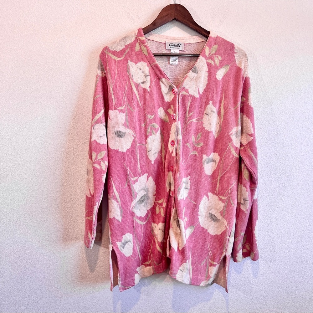 Gabriella T Italy Floral Button Front Knit Cardigan Top Pink Large Cottagecore